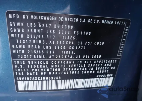 2018 Volkswagen Tiguan 2.0T S z USA, uszkodzony, nr VIN 3VV1B7AXXJM059768